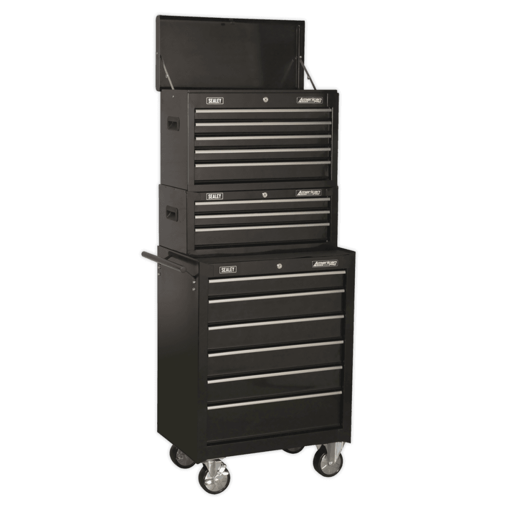 Sealey Topchest, Mid-Box & Rollcab 14 Drawer Stack - Black Model No-AP22BSTACK
