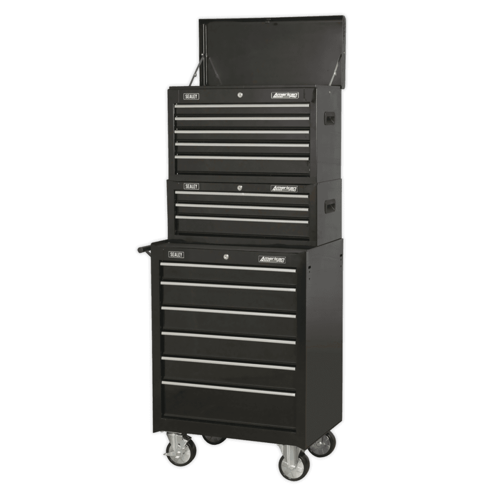 Sealey Topchest, Mid-Box & Rollcab 14 Drawer Stack - Black Model No-AP22BSTACK