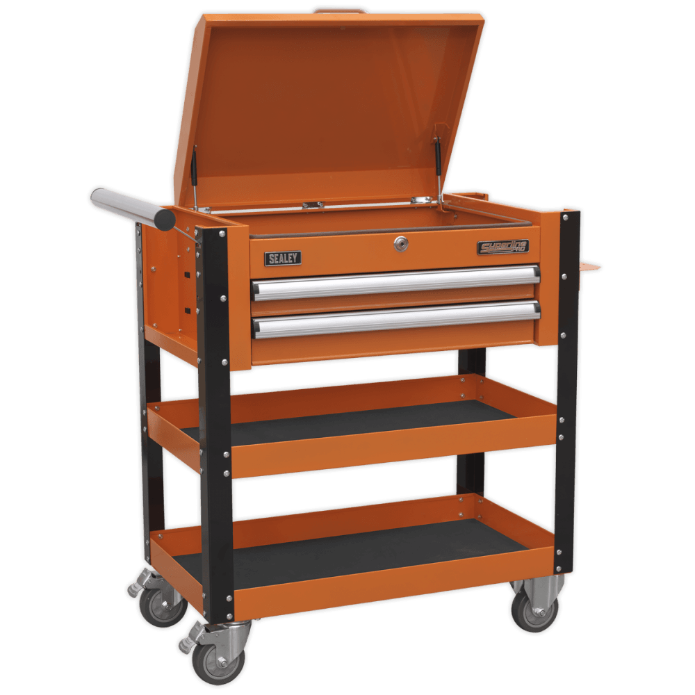 Sealey Heavy-Duty Mobile Tool & Parts Trolley 2 Drawers & Lockable Top - Orange Model No-AP760MO