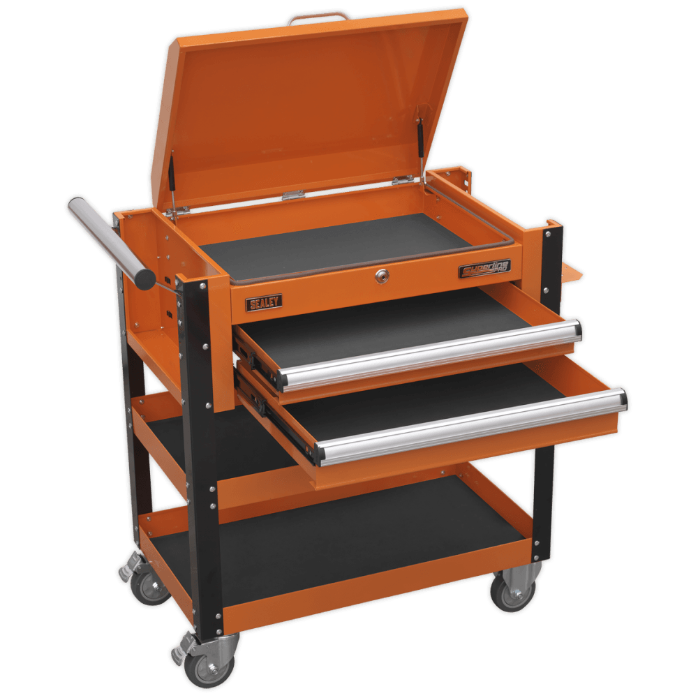 Sealey Heavy-Duty Mobile Tool & Parts Trolley 2 Drawers & Lockable Top - Orange Model No-AP760MO