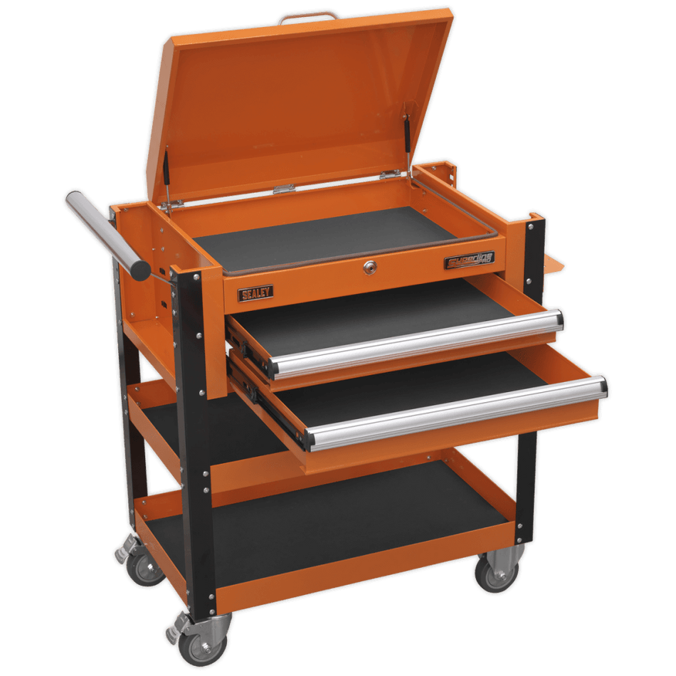 Sealey Heavy-Duty Mobile Tool & Parts Trolley 2 Drawers & Lockable Top - Orange Model No-AP760MO