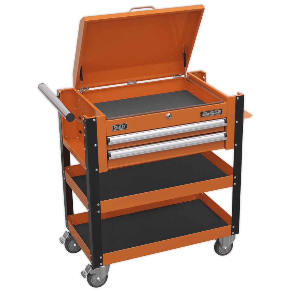 Sealey Heavy-Duty Mobile Tool & Parts Trolley 2 Drawers & Lockable Top - Orange Model No-AP760MO