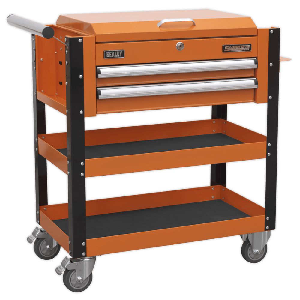Sealey Heavy-Duty Mobile Tool & Parts Trolley 2 Drawers & Lockable Top - Orange Model No-AP760MO