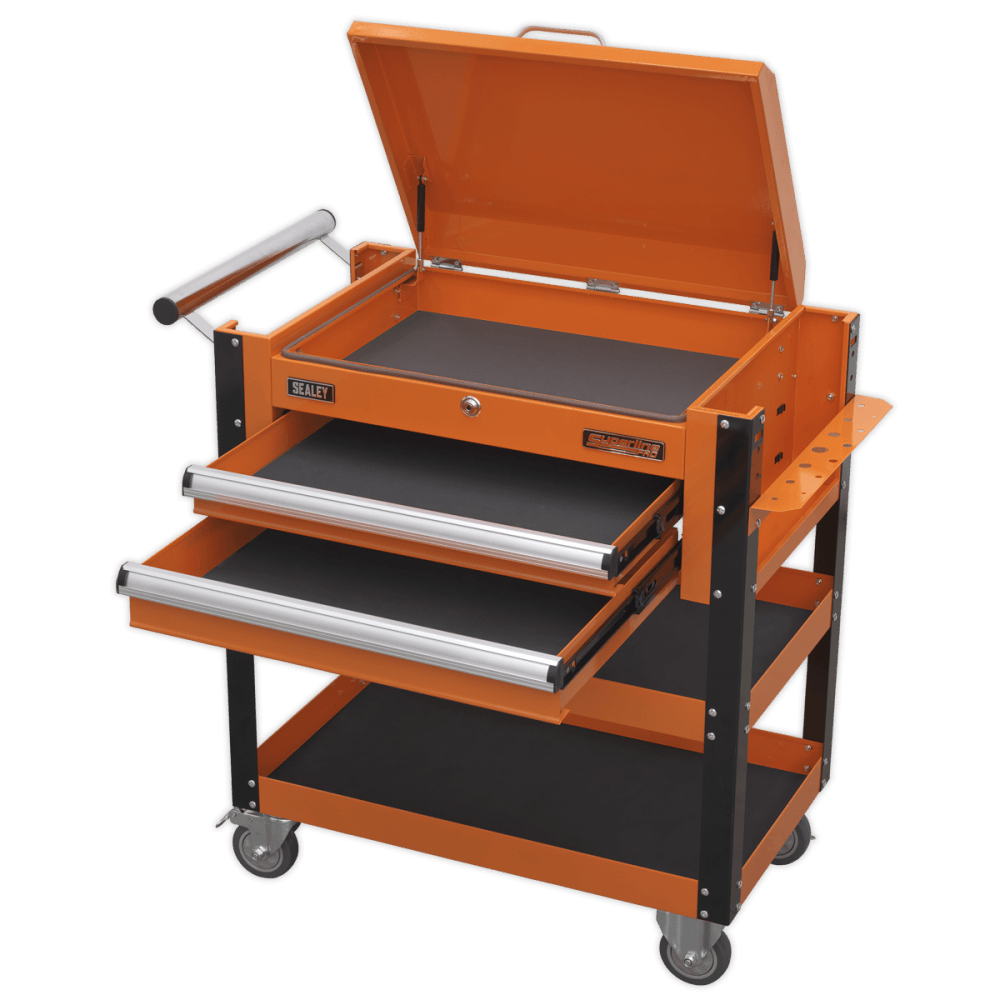 Sealey Heavy-Duty Mobile Tool & Parts Trolley 2 Drawers & Lockable Top - Orange Model No-AP760MO