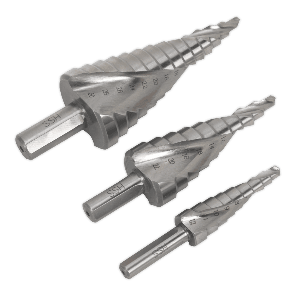 Sealey HSS 4341 Step Drill Bit Set 3pc Spiral Flute Model No-AK4749