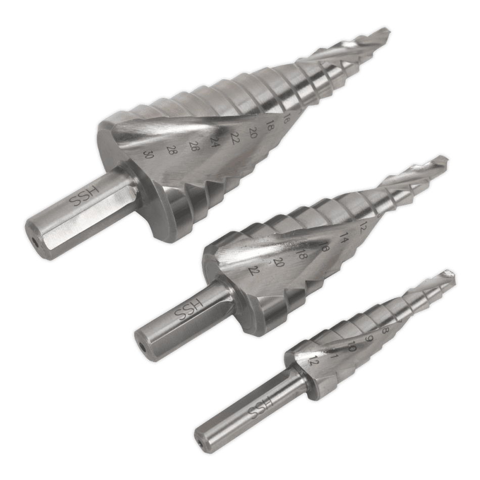 Sealey HSS 4341 Step Drill Bit Set 3pc Spiral Flute Model No-AK4749