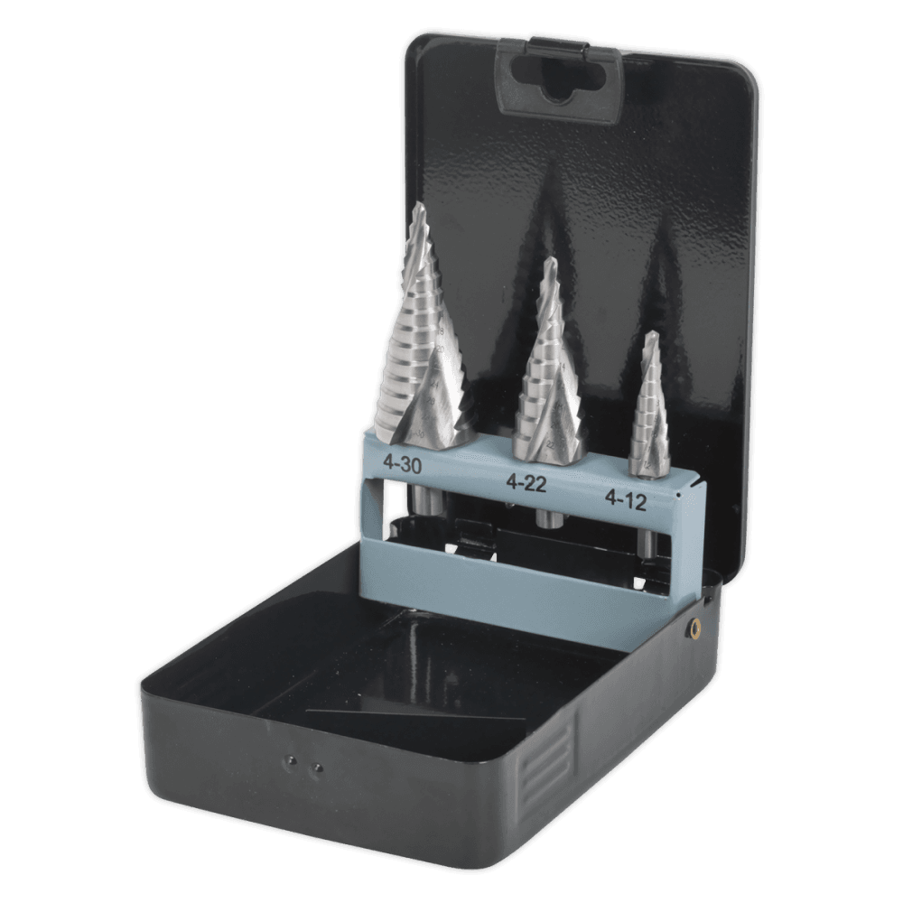 Sealey HSS 4341 Step Drill Bit Set 3pc Spiral Flute Model No-AK4749