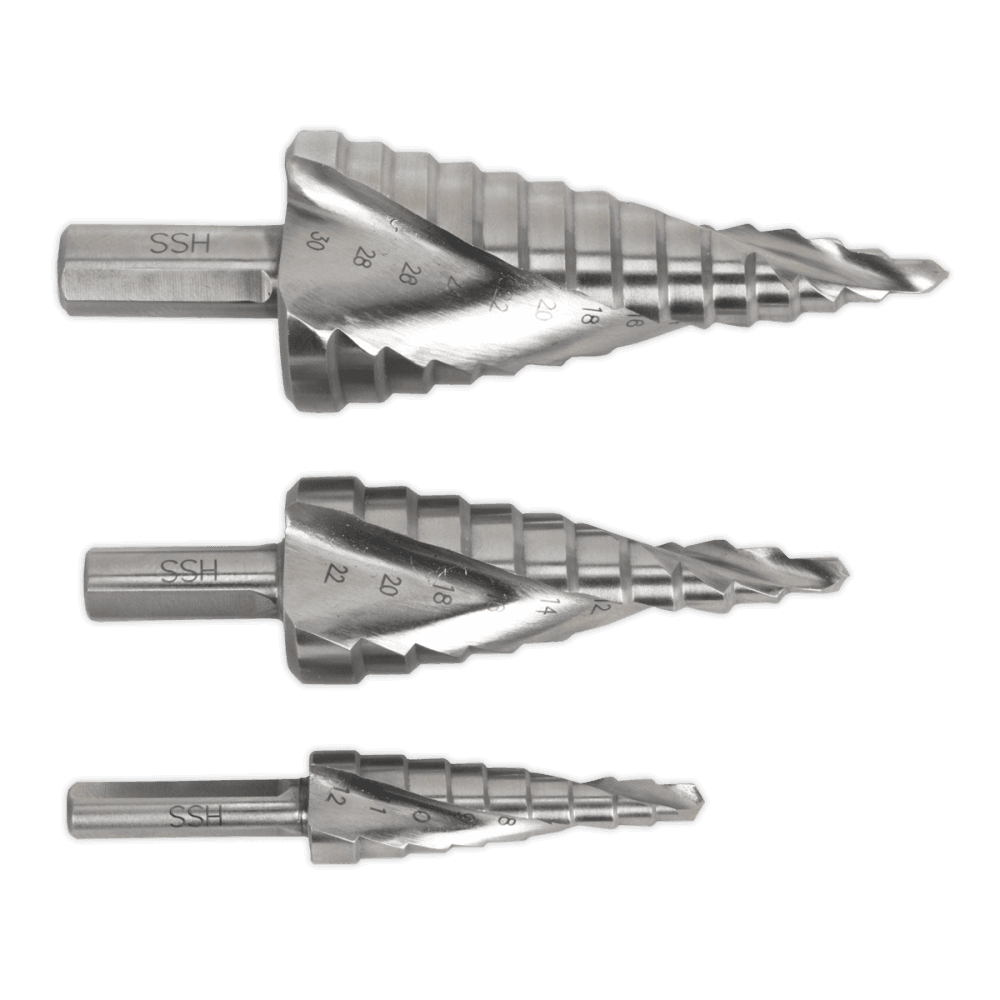 Sealey HSS 4341 Step Drill Bit Set 3pc Spiral Flute Model No-AK4749