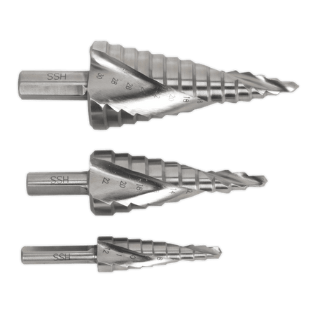 Sealey HSS 4341 Step Drill Bit Set 3pc Spiral Flute Model No-AK4749