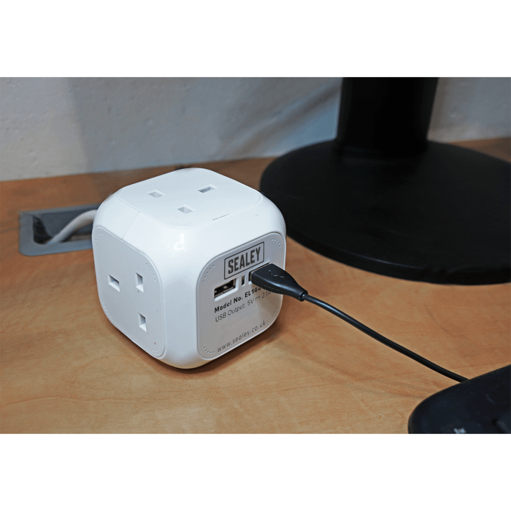 Sealey Extension Cable Cube 1.4mtr 4 x 230V + 2 x USB Sockets - White Model No-EL144USB