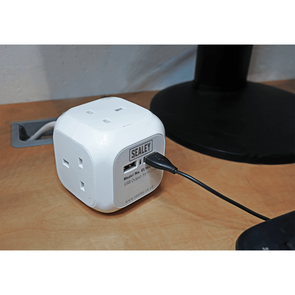 Sealey Extension Cable Cube 1.4mtr 4 x 230V + 2 x USB Sockets - White Model No-EL144USB