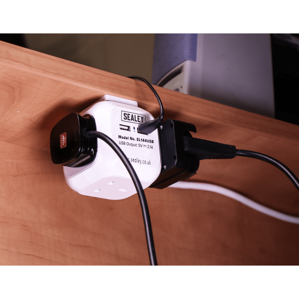 Sealey Extension Cable Cube 1.4mtr 4 x 230V + 2 x USB Sockets - White Model No-EL144USB