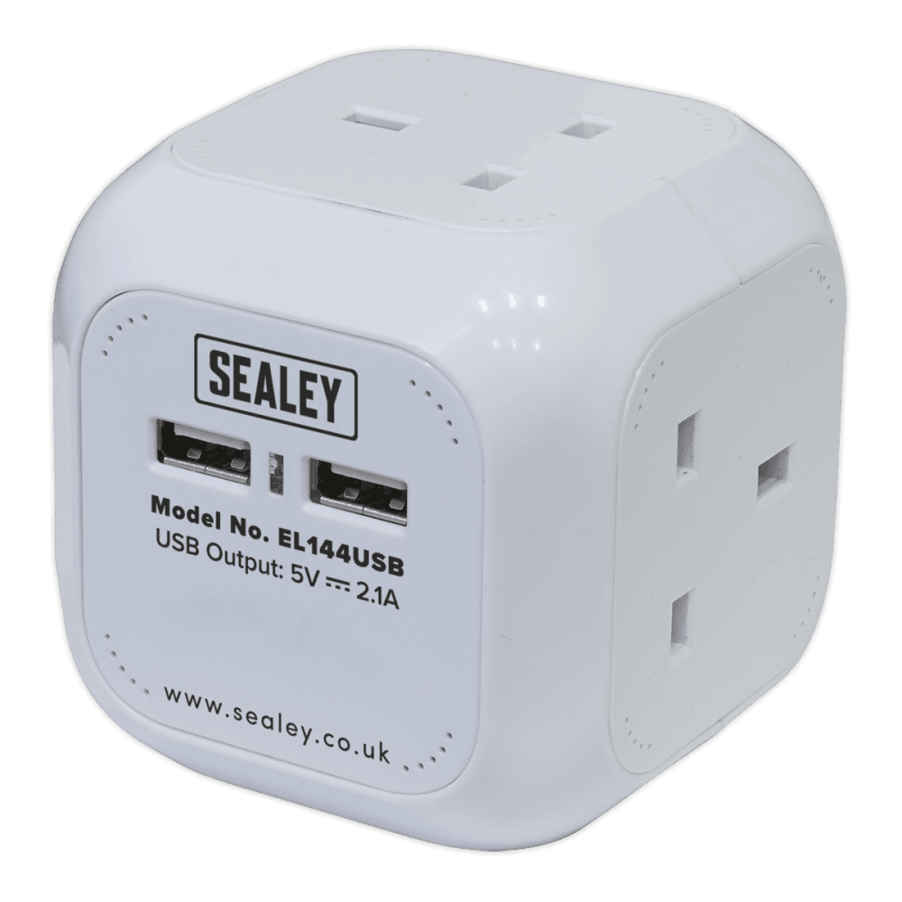 Sealey Extension Cable Cube 1.4mtr 4 x 230V + 2 x USB Sockets - White Model No-EL144USB