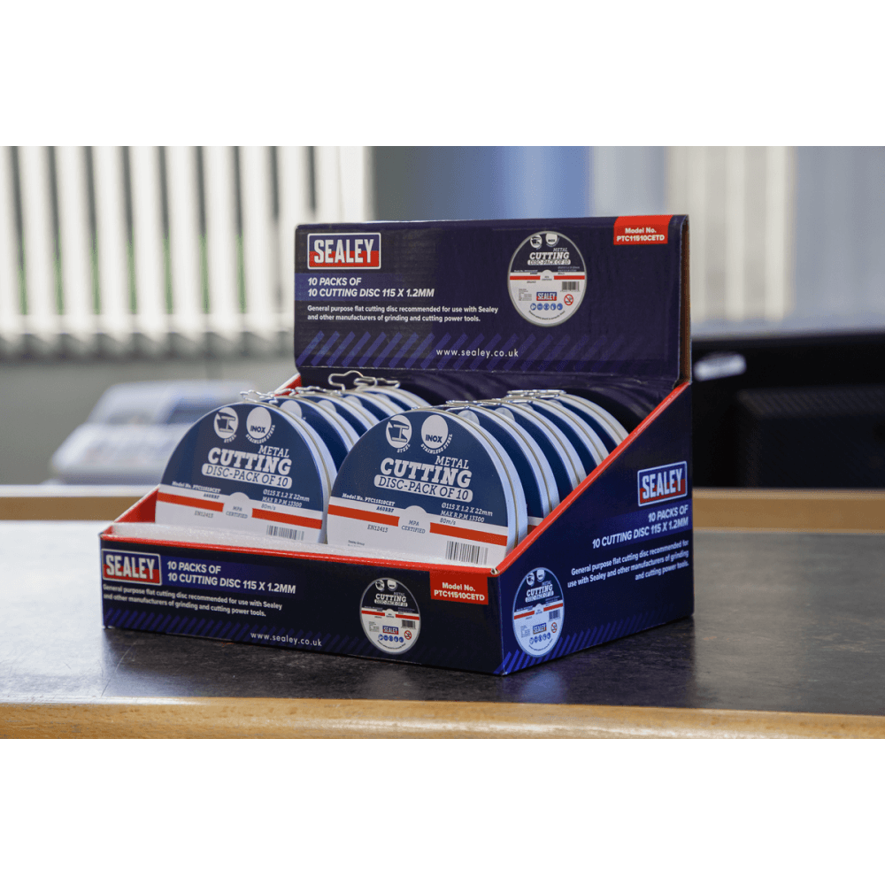 Sealey Cutting Disc 115 x 1.2mm Counter Top Display Box 10 Packs of 10 Model No.-PTC11510CETD