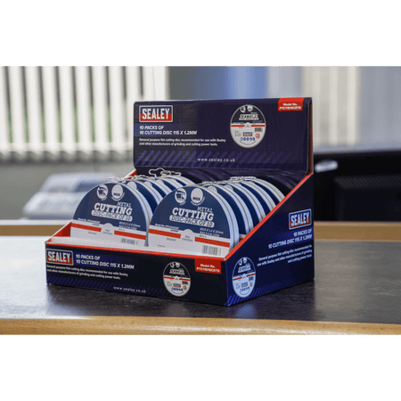 Sealey Cutting Disc 115 x 1.2mm Counter Top Display Box 10 Packs of 10 Model No.-PTC11510CETD