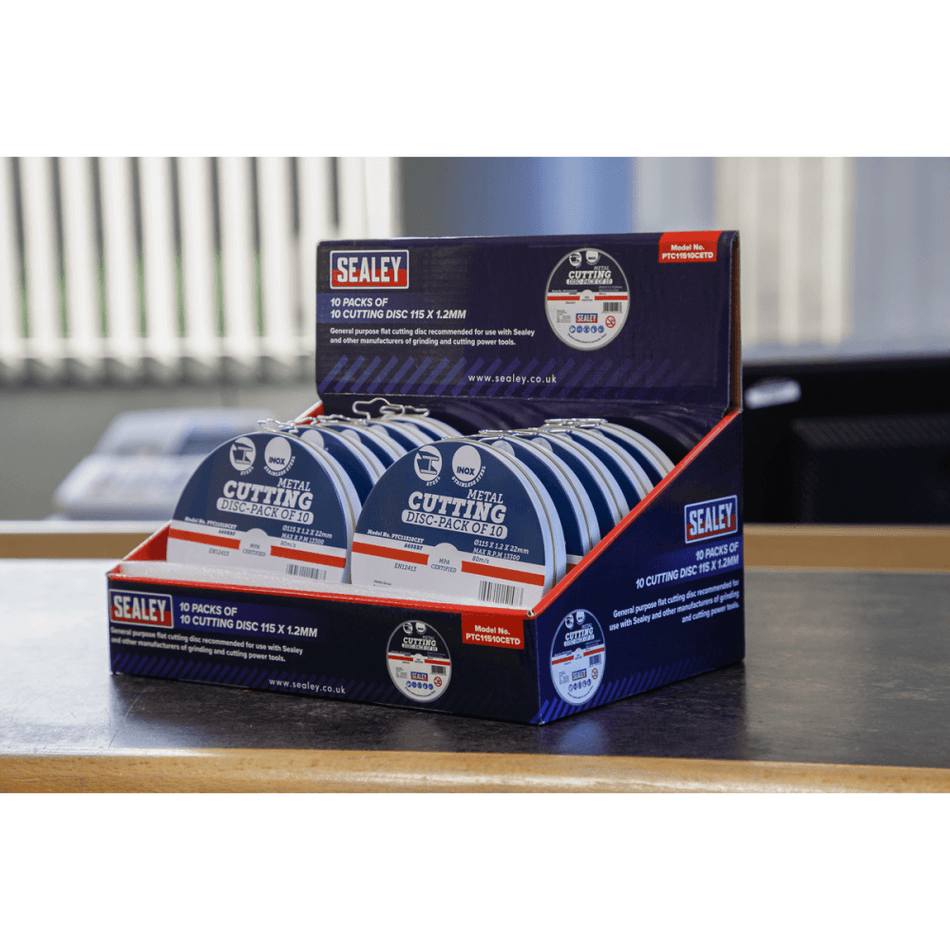 Sealey Cutting Disc 115 x 1.2mm Counter Top Display Box 10 Packs of 10 Model No.-PTC11510CETD