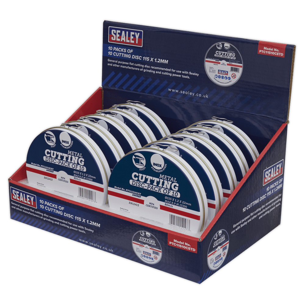 Sealey Cutting Disc 115 x 1.2mm Counter Top Display Box 10 Packs of 10 Model No.-PTC11510CETD