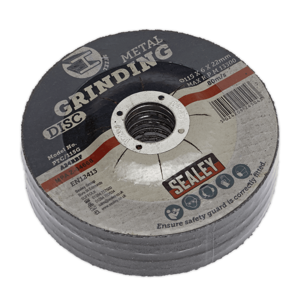 Sealey 115 x 6mm Grinding Disc 22mm Bore - Pack of 5 Model No.-PTC/115G5