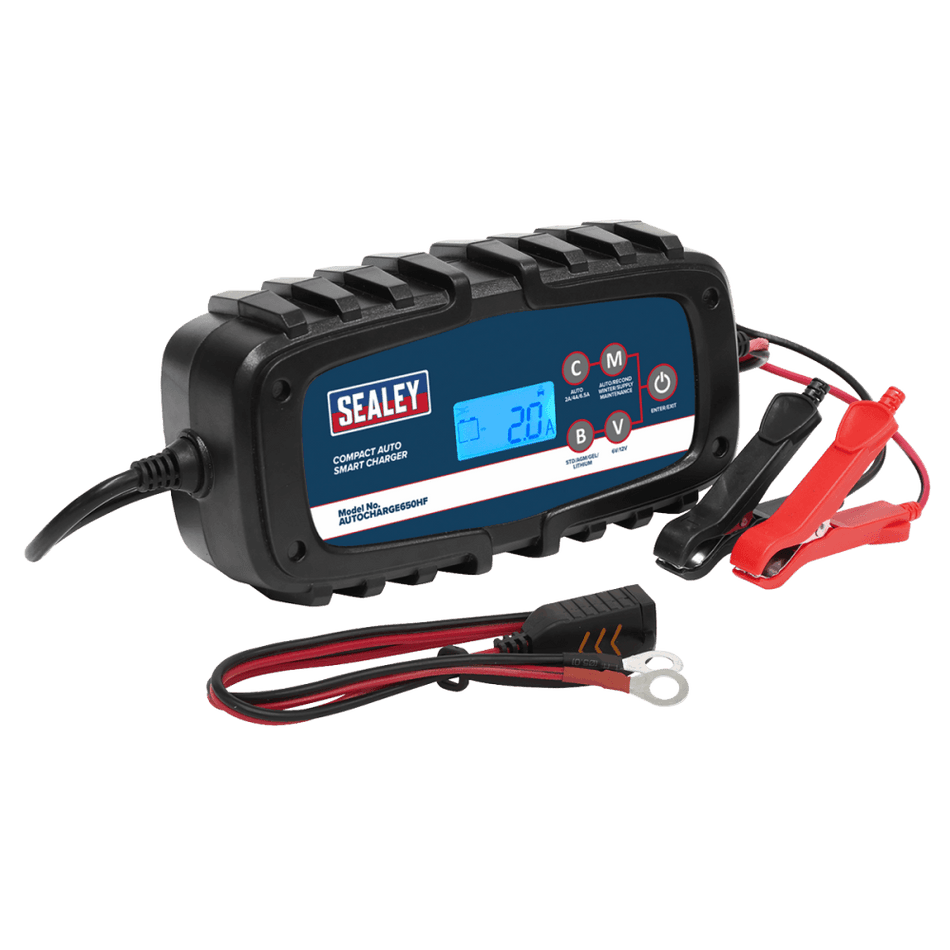Sealey Compact Auto Smart Charger 6.5A 9-Cycle 6/12V - Lithium Model No.-AUTOCHARGE650HF