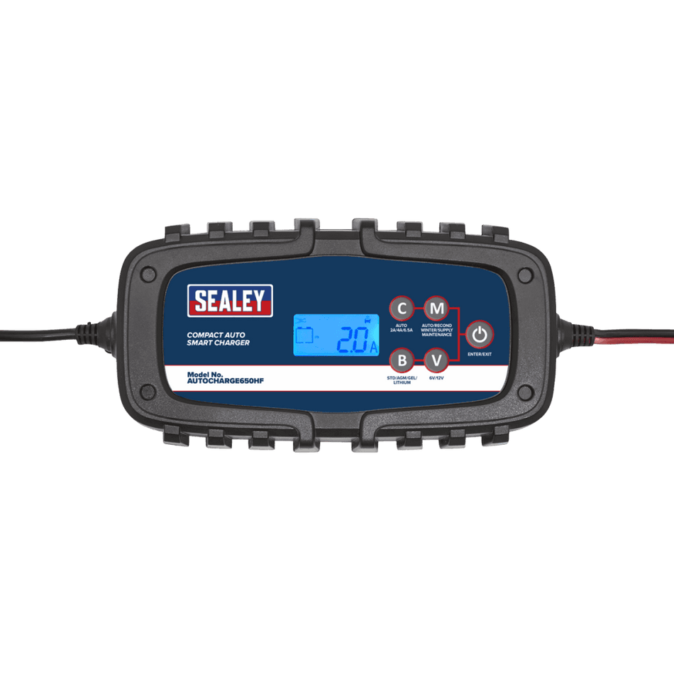 Sealey Compact Auto Smart Charger 6.5A 9-Cycle 6/12V - Lithium Model No.-AUTOCHARGE650HF