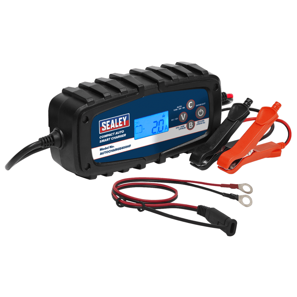Sealey Compact Auto Smart Charger 4A 9-Cycle 6/12V - Lithium Model No.-AUTOCHARGE400HF