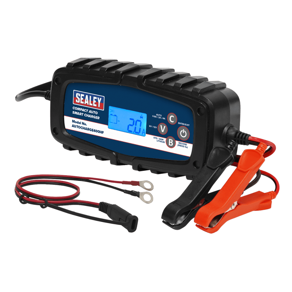 Sealey Compact Auto Smart Charger 4A 9-Cycle 6/12V - Lithium Model No.-AUTOCHARGE400HF