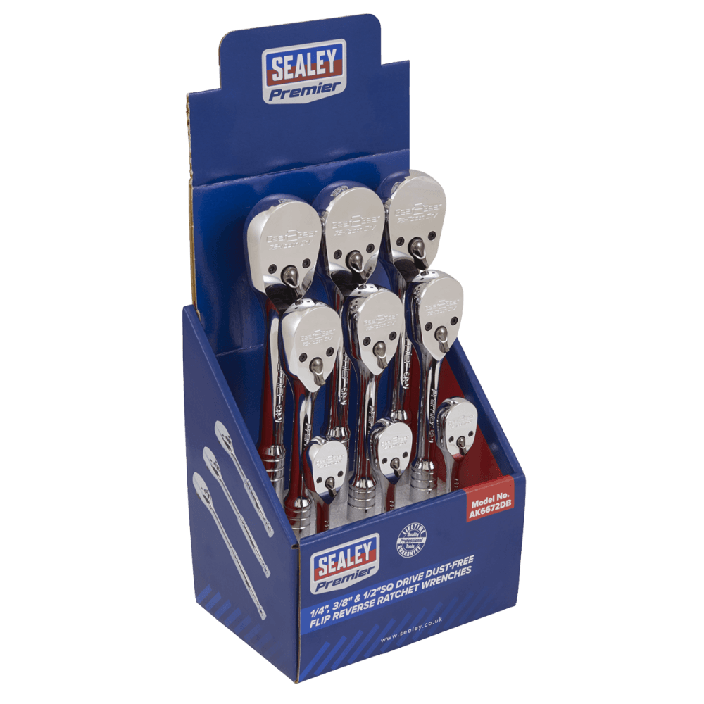 Sealey Ratchet Wrenches 1/4", 3/8" & 1/2"Sq Drive Pear-Head Flip Reverse Display Box of 9 Model No.-AK6672DB