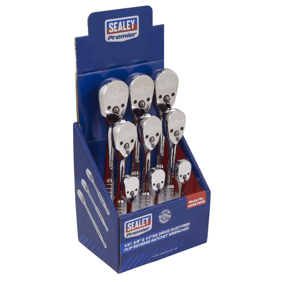 Sealey Ratchet Wrenches 1/4", 3/8" & 1/2"Sq Drive Pear-Head Flip Reverse Display Box of 9 Model No.-AK6672DB