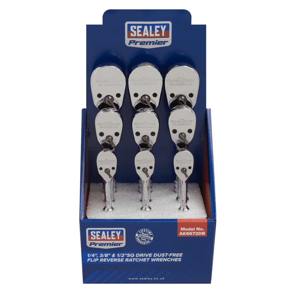 Sealey Ratchet Wrenches 1/4", 3/8" & 1/2"Sq Drive Pear-Head Flip Reverse Display Box of 9 Model No.-AK6672DB