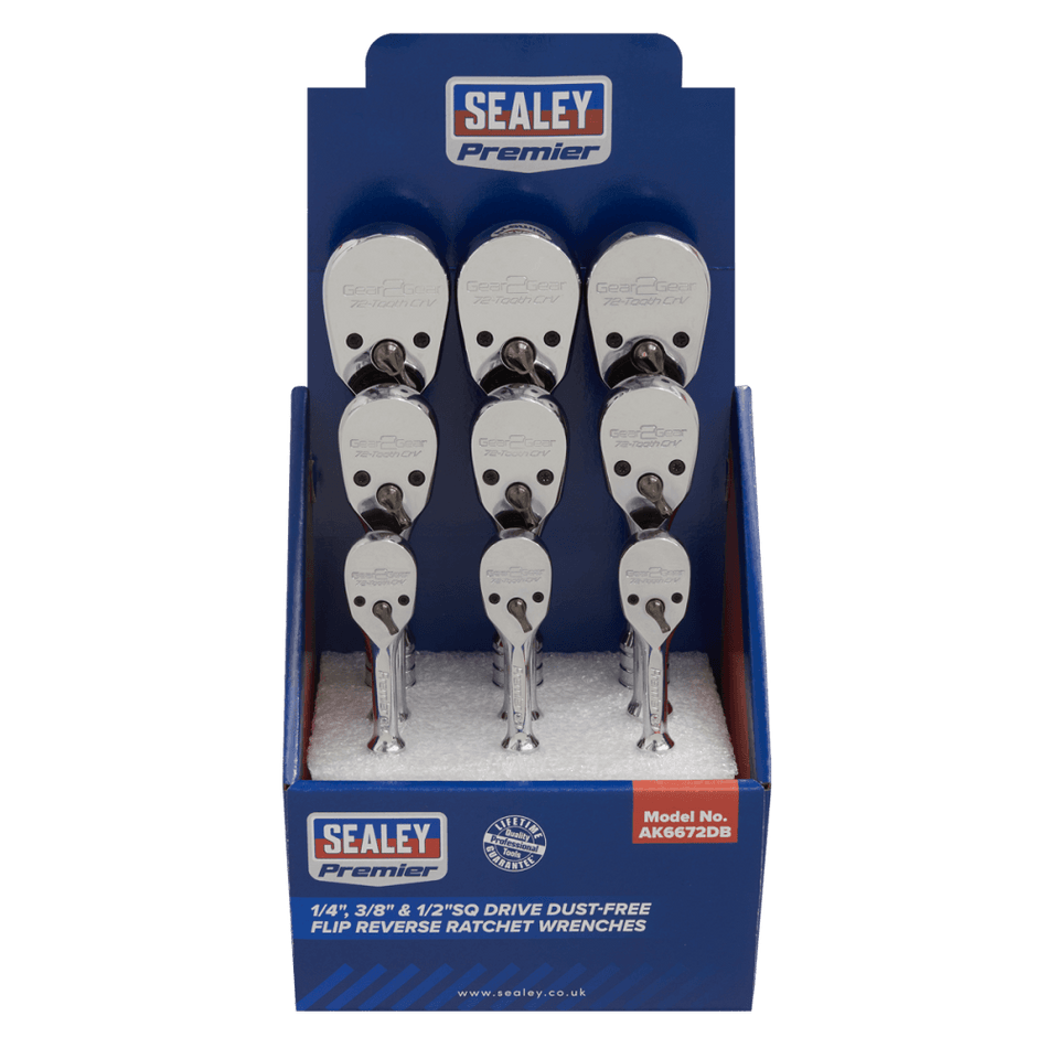 Sealey Ratchet Wrenches 1/4", 3/8" & 1/2"Sq Drive Pear-Head Flip Reverse Display Box of 9 Model No.-AK6672DB