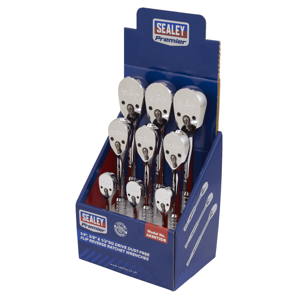Sealey Ratchet Wrenches 1/4", 3/8" & 1/2"Sq Drive Pear-Head Flip Reverse Display Box of 9 Model No.-AK6672DB