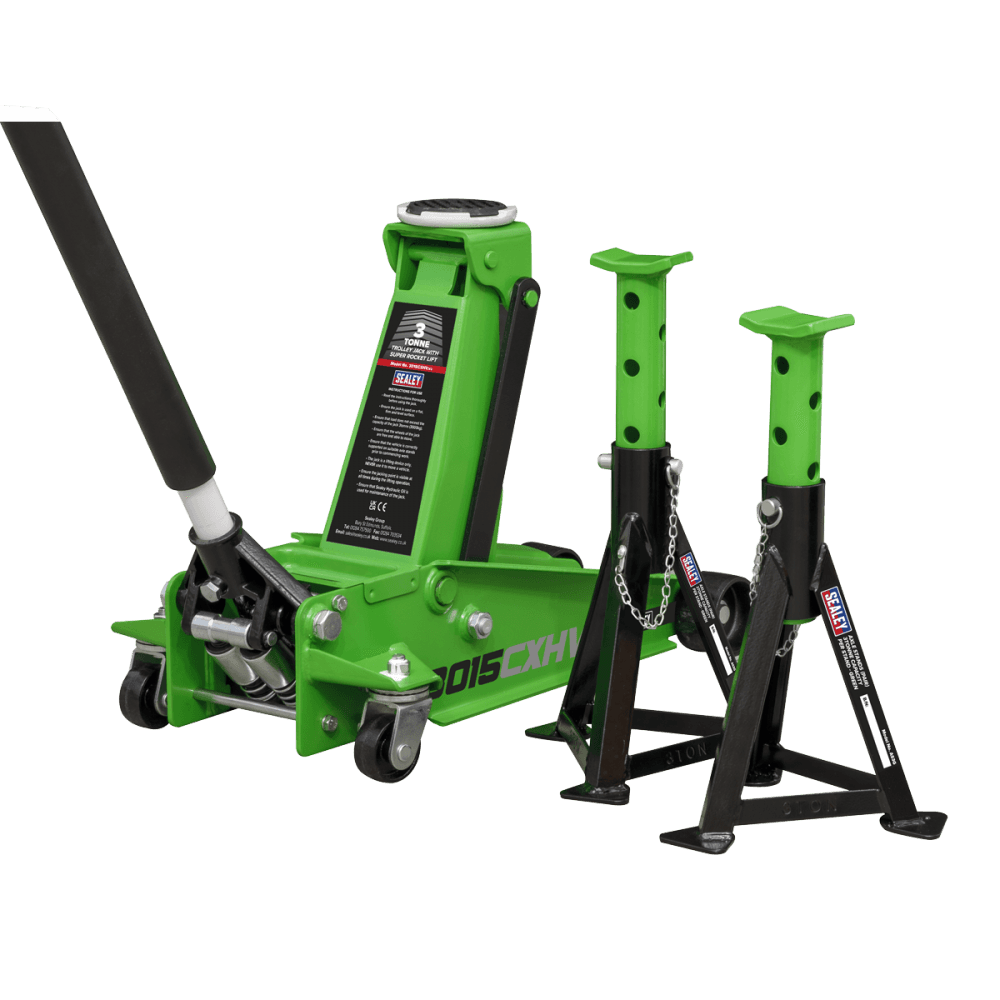 Sealey Trolley Jack 3tonne Super Rocket Lift & Axle Stands (Pair) 3tonne Capacity per Stand-Hi-Vis Model No.-3015CXHV