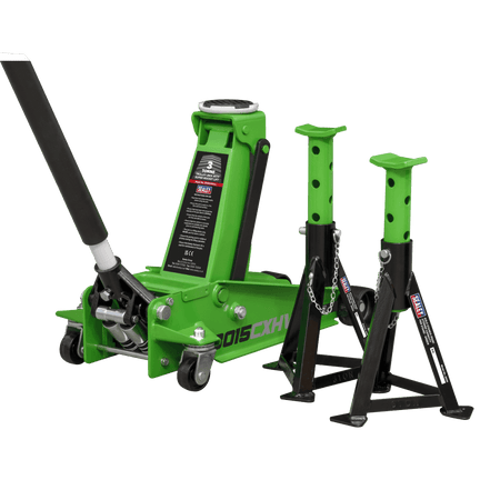 Sealey Trolley Jack 3tonne Super Rocket Lift & Axle Stands (Pair) 3tonne Capacity per Stand-Hi-Vis Model No.-3015CXHV