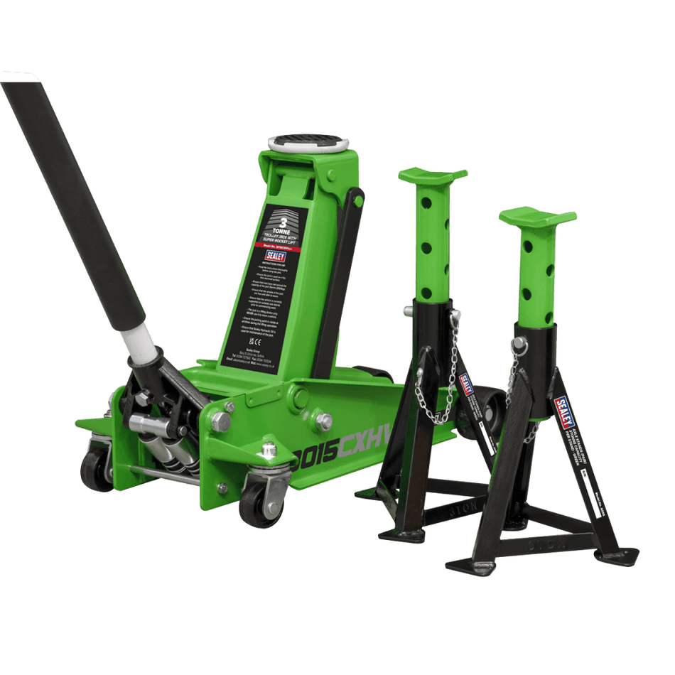Sealey Trolley Jack 3tonne Super Rocket Lift & Axle Stands (Pair) 3tonne Capacity per Stand-Hi-Vis Model No.-3015CXHV