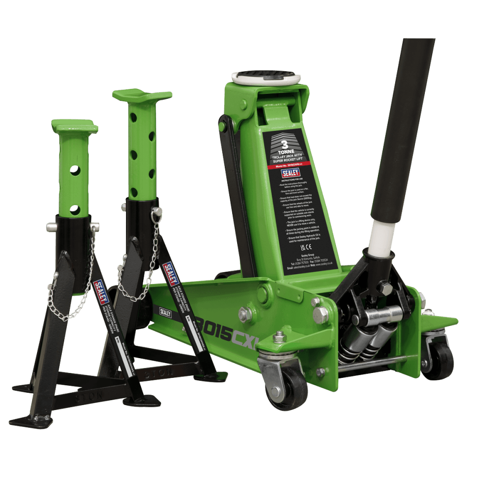 Sealey Trolley Jack 3tonne Super Rocket Lift & Axle Stands (Pair) 3tonne Capacity per Stand-Hi-Vis Model No.-3015CXHV