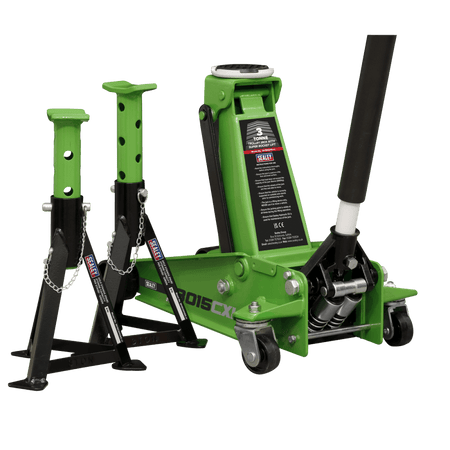 Sealey Trolley Jack 3tonne Super Rocket Lift & Axle Stands (Pair) 3tonne Capacity per Stand-Hi-Vis Model No.-3015CXHV