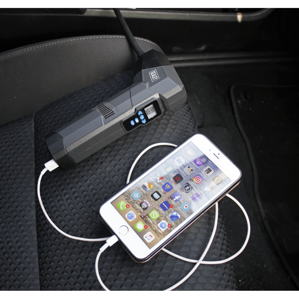 Sealey Compact Rechargeable Tyre Inflator & Powerbank with Work Light Model No.-CTI120
