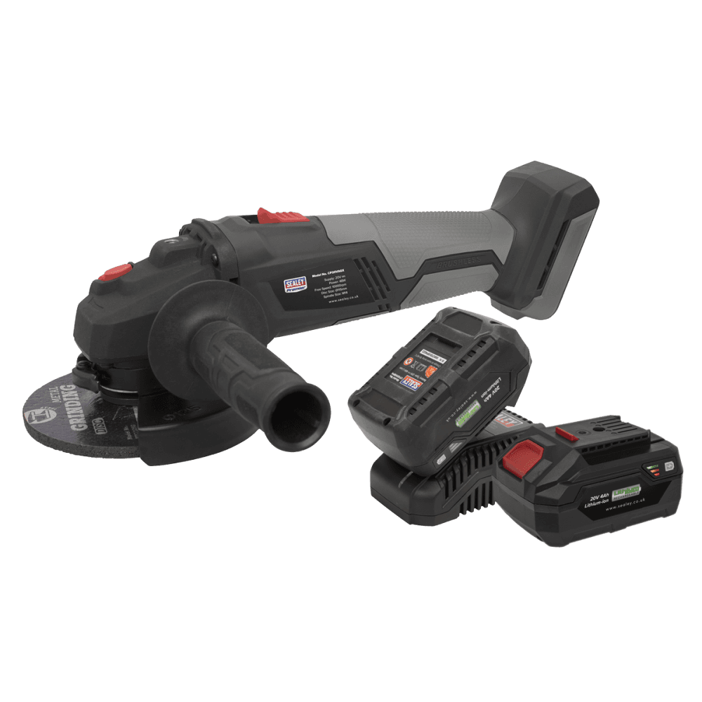 Sealey Premier SV20 Series 115mm Brushless Cordless Angle Grinder Kit 20V 4Ah - 2 Batteries Model No- CP20VAGXKIT
