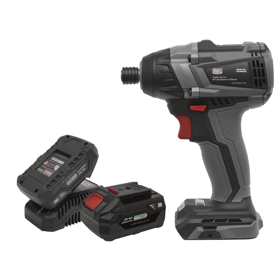 Sealey Brushless Impact Driver Kit 1/4" Hex 20V - 2 Batteries Model No- CP20VIDXKIT