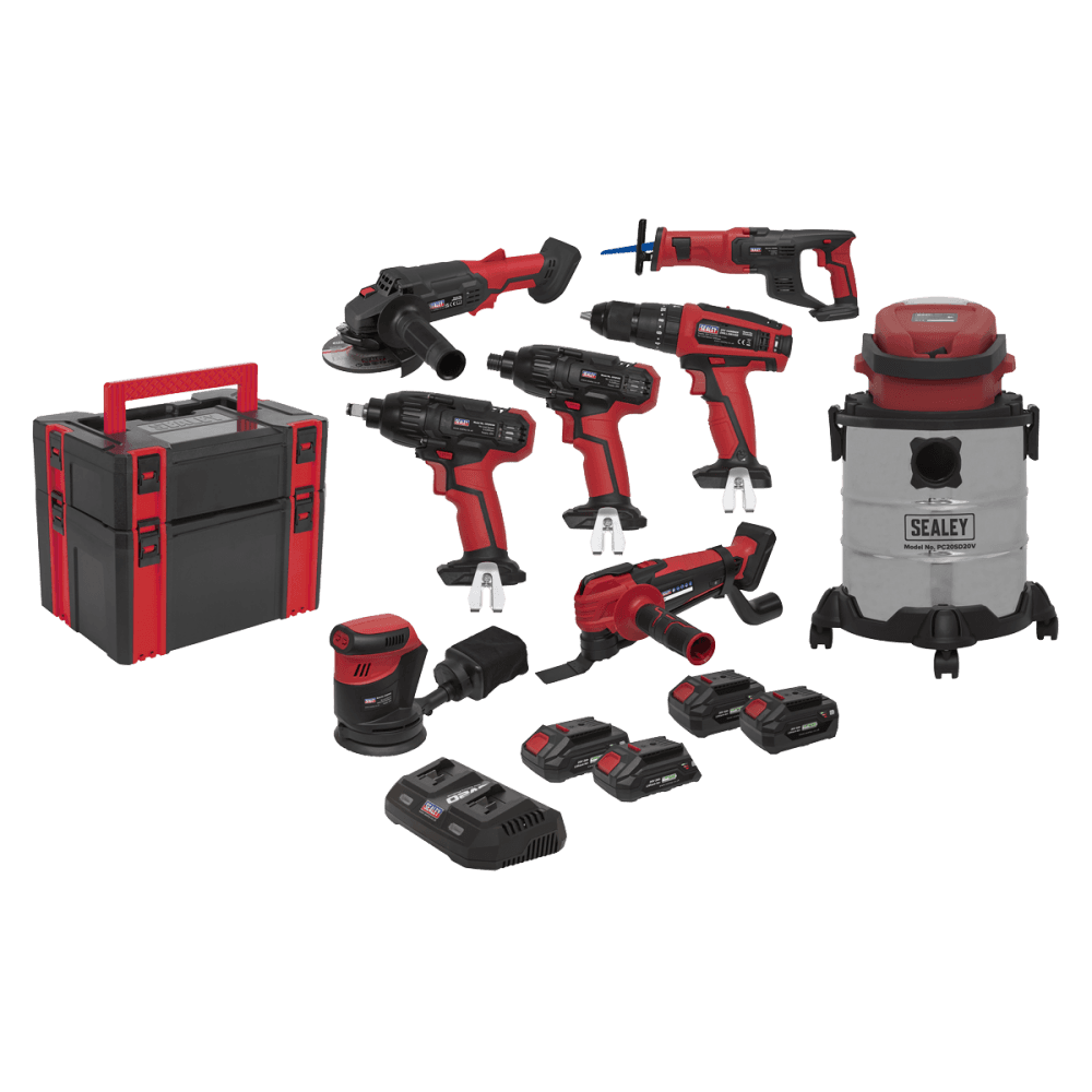 Sealey 8 x SV20 Series Cordless Power Tool Kit 20V - 4 Batteries Model No- CP20VCOMBO4