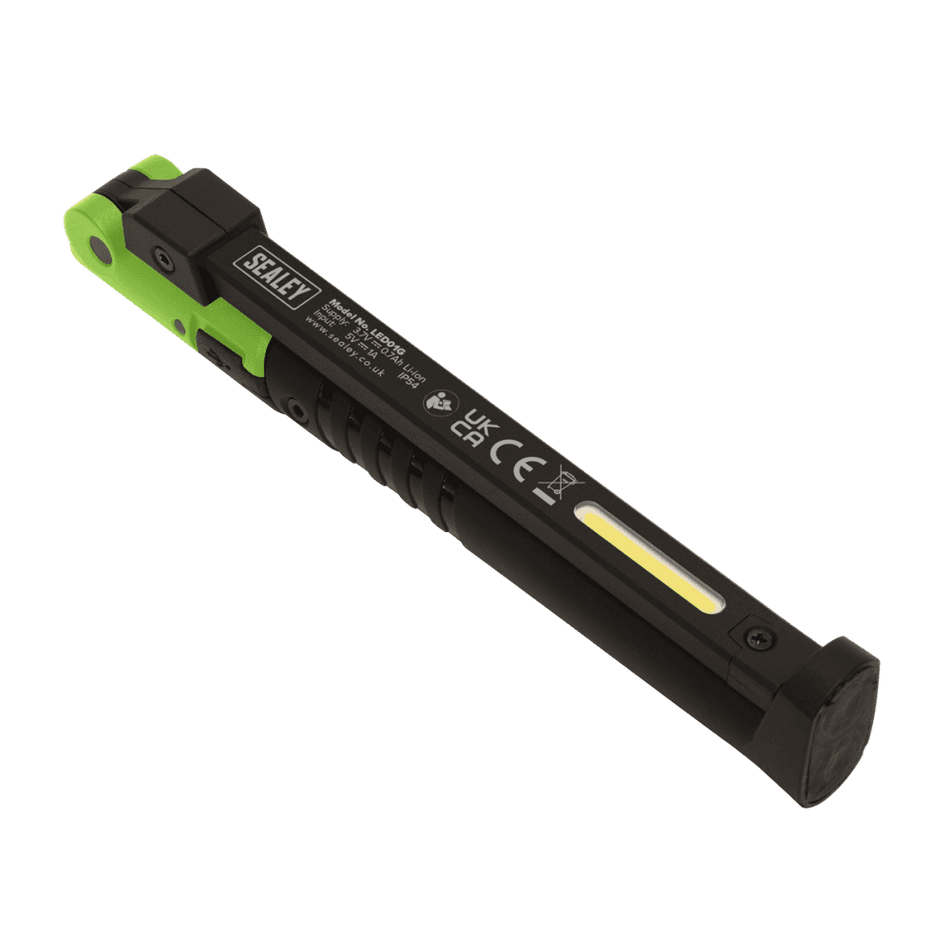 Sealey Rechargeable Slim Folding Pocket Light 2 COB + 1 SMD LED - Green Model No-LED01G