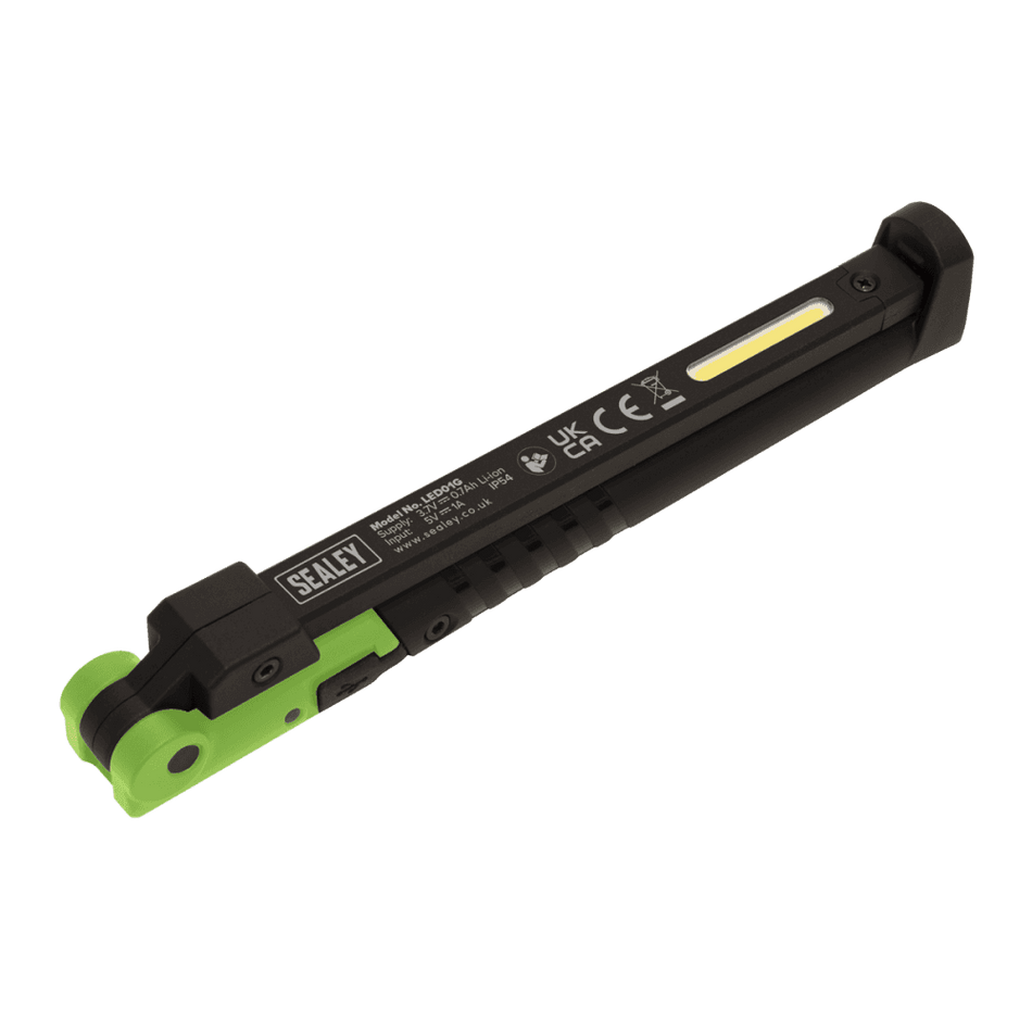 Sealey Rechargeable Slim Folding Pocket Light 2 COB + 1 SMD LED - Green Model No-LED01G