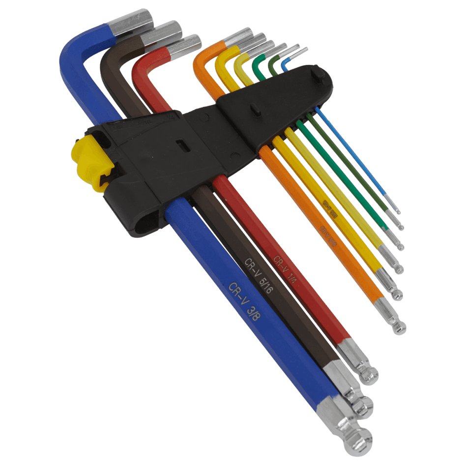 Ball-End Hex Key Set Extra-Long 9pc Colour-Coded Imperial Model No-AK7198