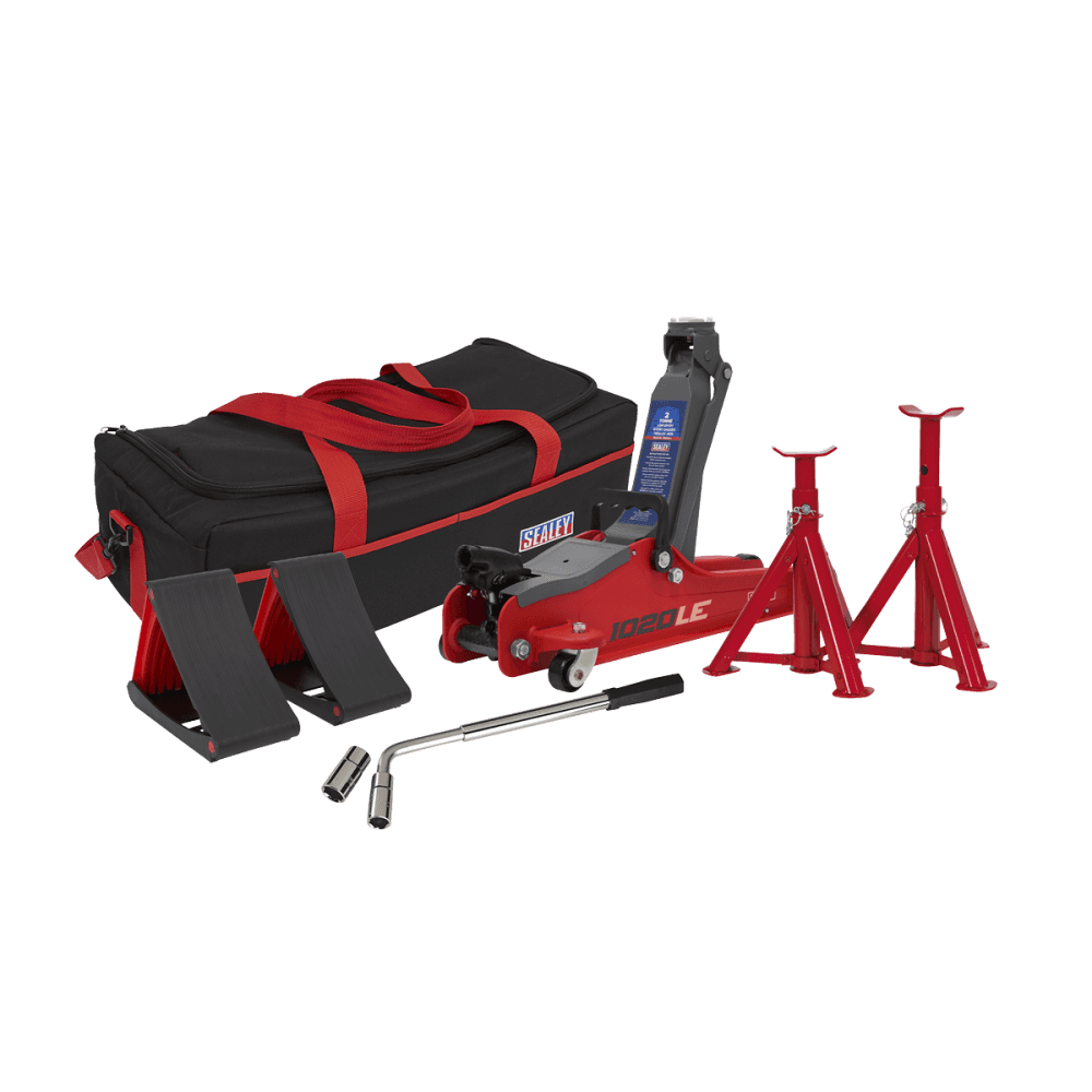 Trolley Jack 2tonne Low Entry Short Chassis - Red & Accessories Bag Combo Model No-1020LEBAGCOMBO