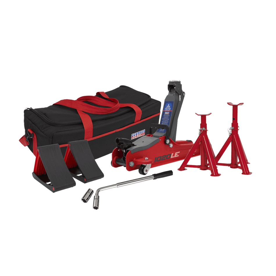 Trolley Jack 2tonne Low Entry Short Chassis - Red & Accessories Bag Combo Model No-1020LEBAGCOMBO