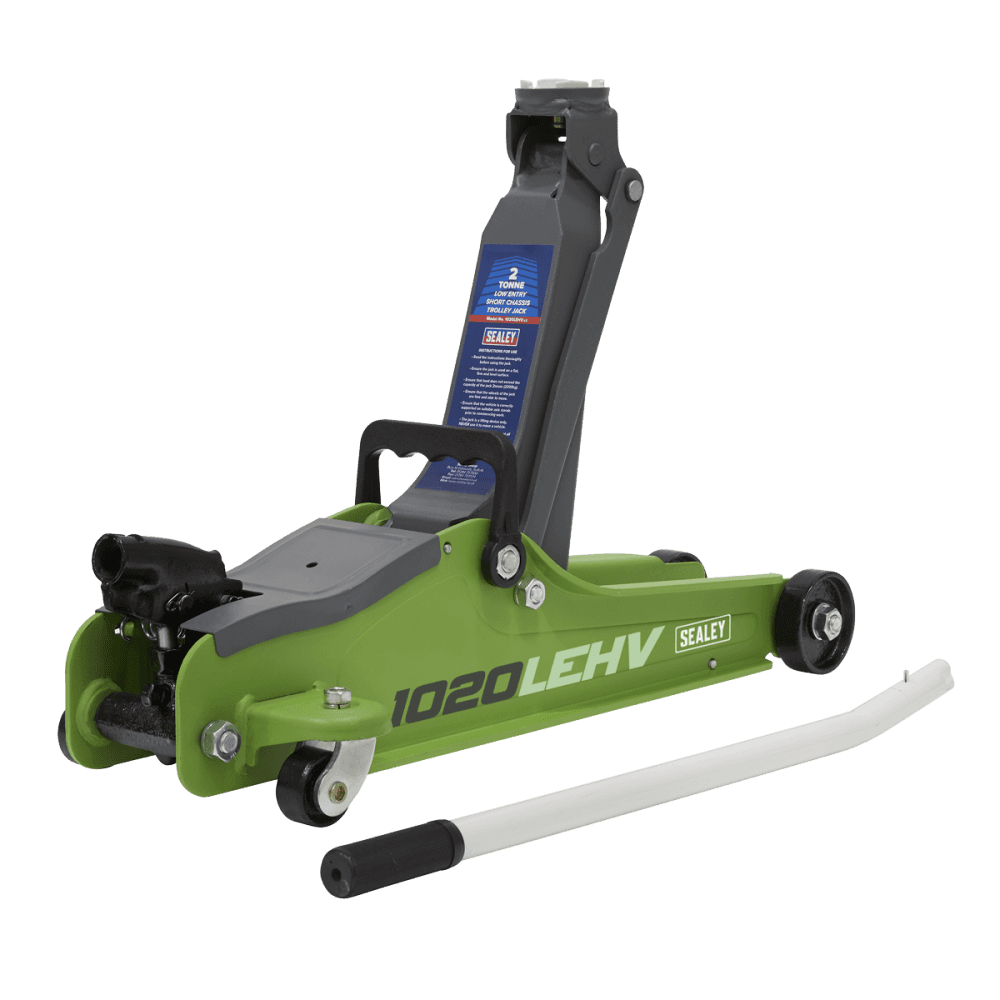 Trolley Jack 2tonne Low Entry Short Chassis - Hi-Vis Green and Accessories Bag Combo Model No-1020LEHVBAGCOMBO