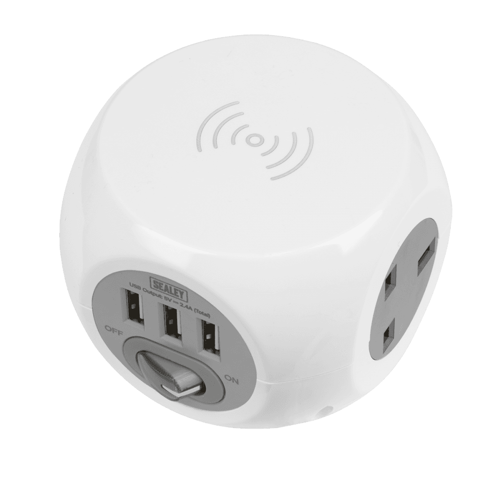 Extension Cable Cube 1.4m 3 x 230V + 3 x USB Sockets & Wireless Charging Pad Model No-EL144WC