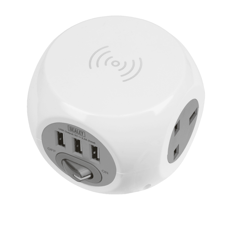 Extension Cable Cube 1.4m 3 x 230V + 3 x USB Sockets & Wireless Charging Pad Model No-EL144WC