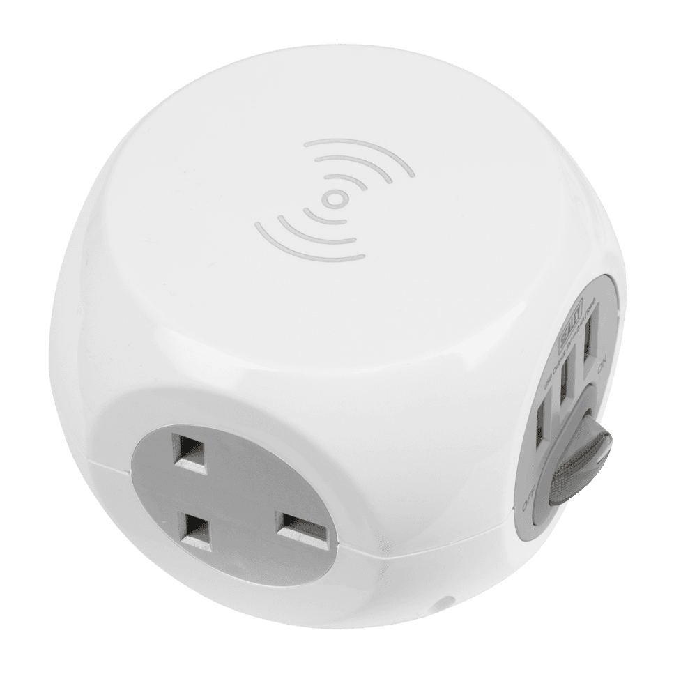 Extension Cable Cube 1.4m 3 x 230V + 3 x USB Sockets & Wireless Charging Pad Model No-EL144WC