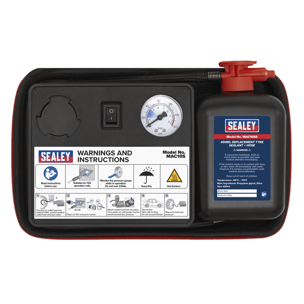 Tyre Inflator 12V + Emergency Puncture Sealant Kit Model No-MAC10S